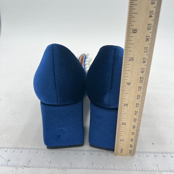 XYD Blue Pointed Toe Chunky Pumps Slip On Mary Jane Single Strap with Pearl Stud - Picture 5 of 8